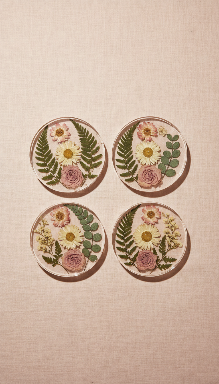 Resin Coaster Set With Floral Inlay