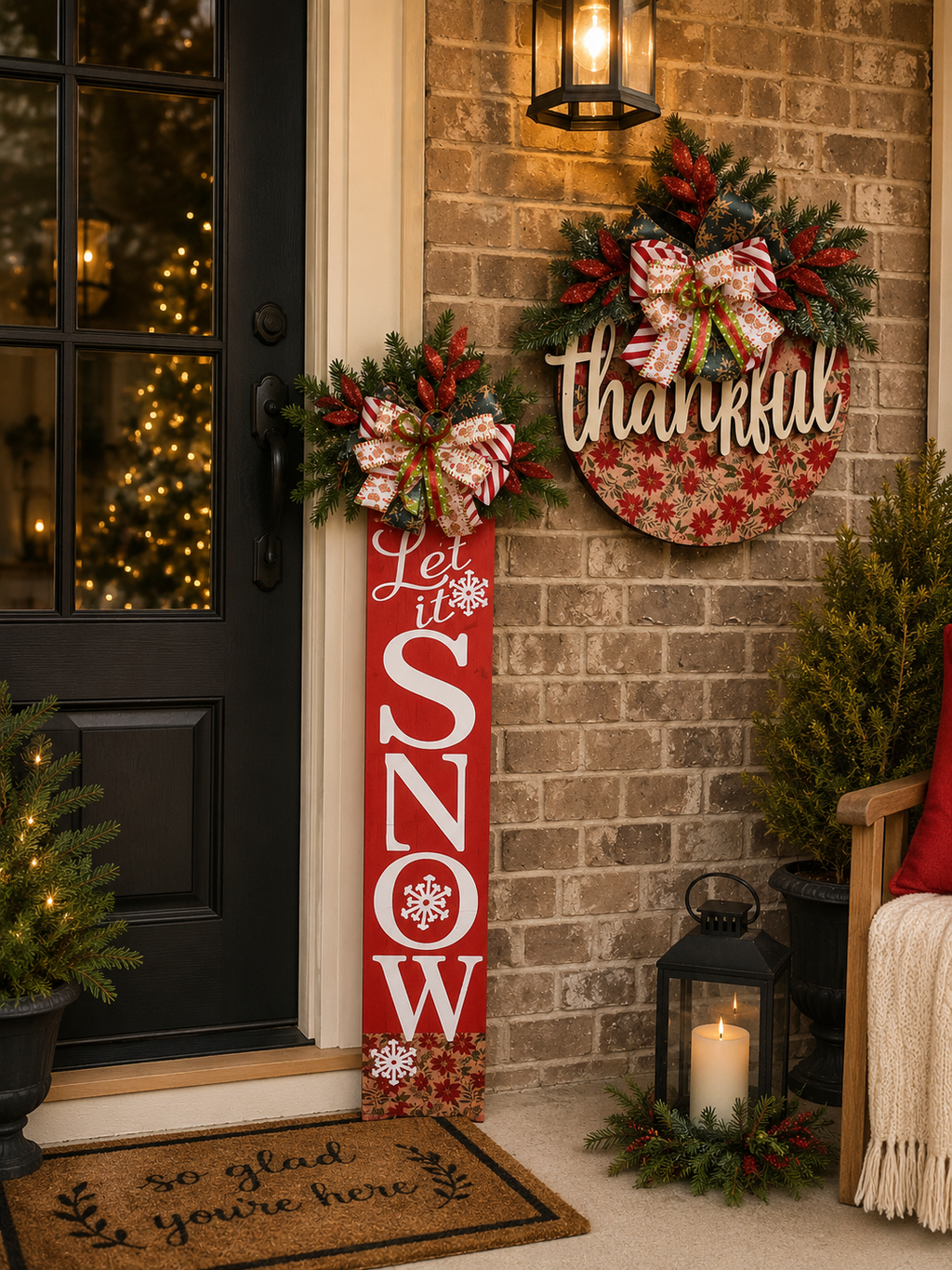 Poinsettia Winter Front Door Hanger & Matching Porch Sign Set