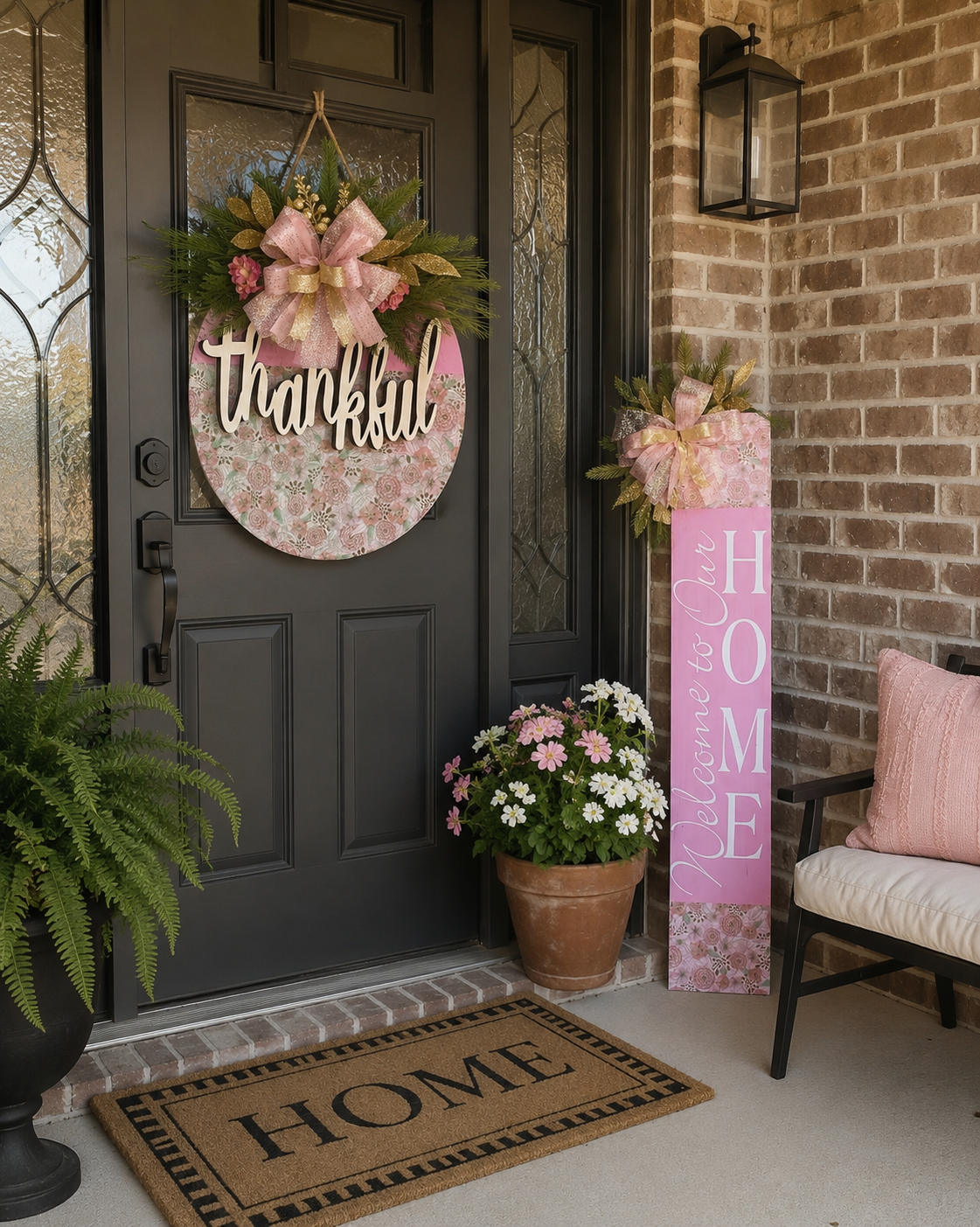 Pink & Gold Floral Front Door Hanger and Porch Sign Set