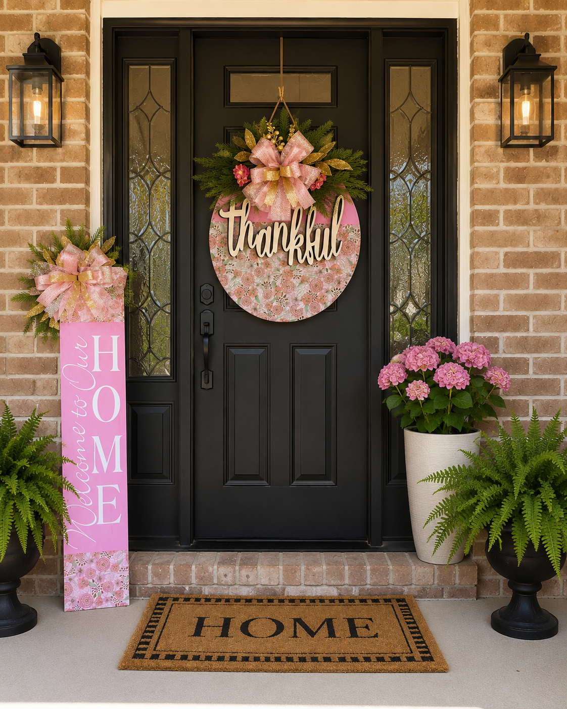 Pink & Gold Floral Front Door Hanger and Porch Sign Set