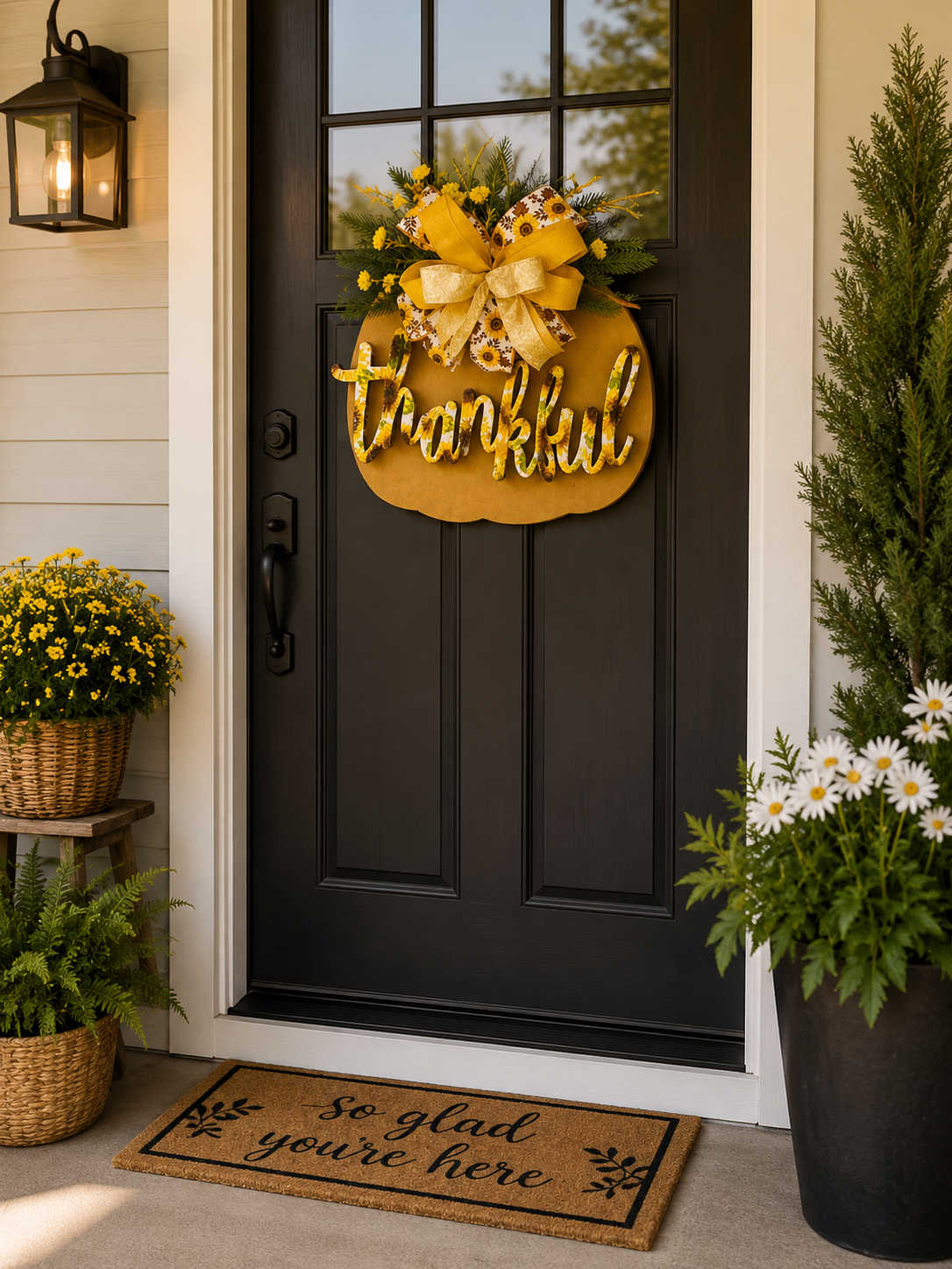 Pumpkin Door Hanger – "Thankful" Wooden Sunflower Front Door Sign