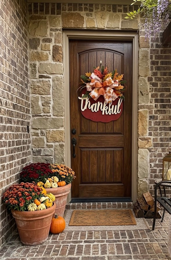 Red Pumpkin Thankful Door Hanger